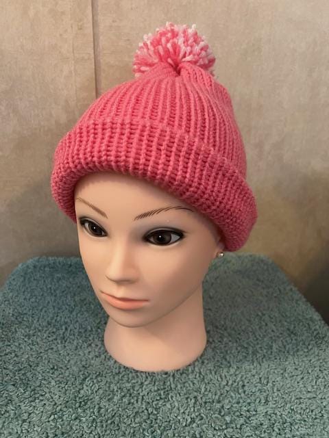 Small Adult Pink Handmade Knitted Winter Hat with handmade pink & white pom pom