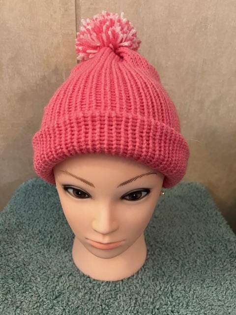 Small Adult Pink Handmade Knitted Winter Hat with handmade pink & white pom pom