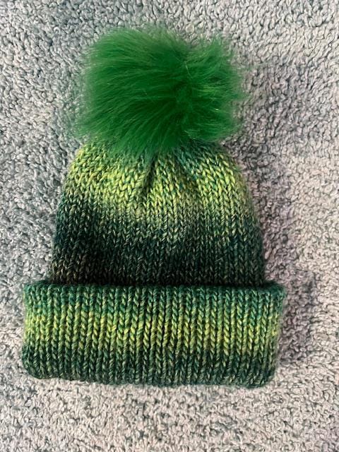 Warm & Cozy Small Adult/Child Handmade knitted Green Winter Hat with Pom pom