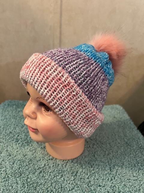 Colorful Rainbow Hand-Knitted Winter Hat with Faux Fur Pom pom - Fits infant/child