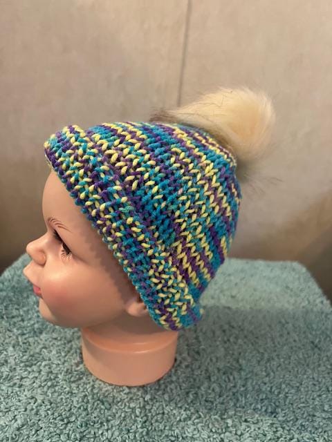 Infant/Newborn/Child Turquoise & yellow Hand Knitted Winter Hat, Gift for Baby, Baby shower gift