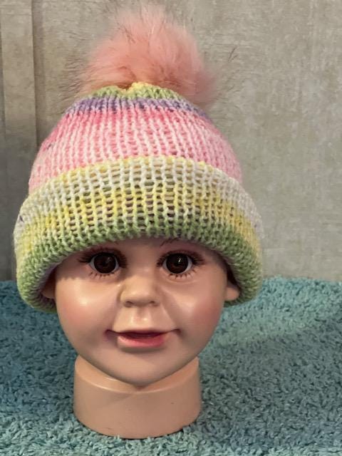 Infant/Toddler Pink, Green & Yellow beanie with Faux Pom pom