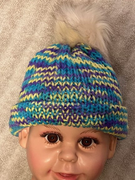 Handmade Infant/Newborn/Child Turquoise & yellow Knitted Beanie,