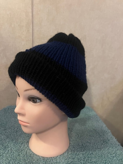 Handmade Knit Black & Blue Striped Beanie – Unisex and Ultra Cozy