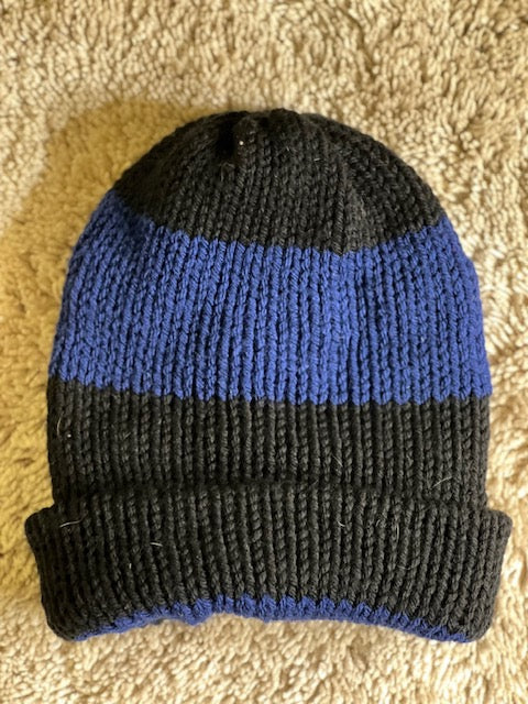 Handmade Knit Black & Blue Striped Beanie – Unisex and Ultra Cozy