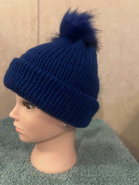 Adult Unisex Hand-Knit Solid Blue Beanie with Matching Pom-Pom