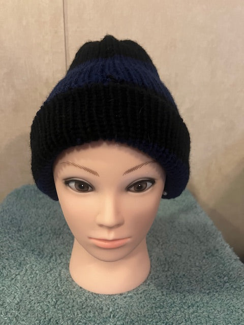 Handmade Knit Black & Blue Striped Beanie – Unisex and Ultra Cozy