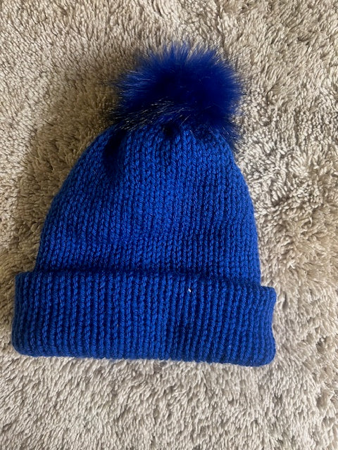 Adult Unisex Hand-Knit Solid Blue Beanie with Matching Pom-Pom