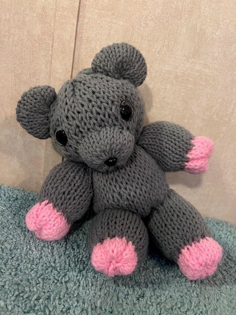 Handmade Knit Chubby Gray & Pink Teddy Bear – Soft, Sweet & Huggable! 🧸💕