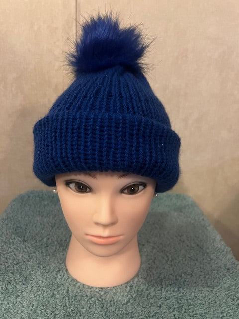 Adult Unisex Hand-Knit Solid Blue Beanie with Matching Pom-Pom