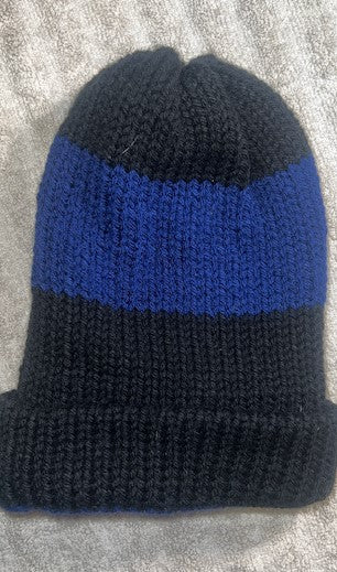 Super Warm Handmade Black and Blue Striped Beanie Winter Hat