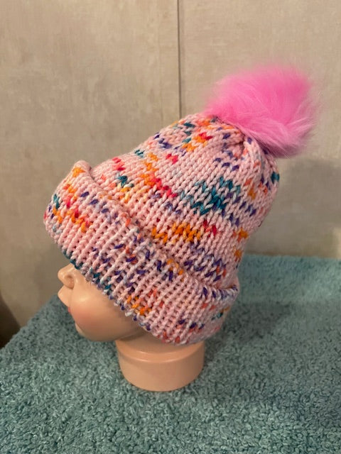 Handmade Knitted Girl’s/Small Adult Speckled Pink Bubble Gum Winter Hat