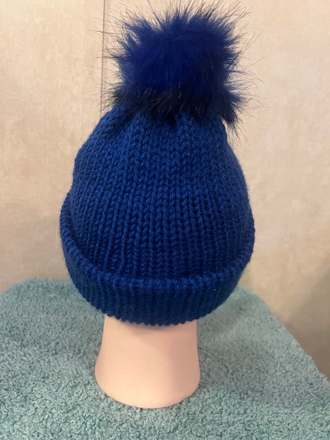 Adult Unisex Hand-Knit Solid Blue Beanie with Matching Pom-Pom