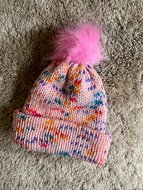 Handmade Knitted Girl’s/Small Adult Speckled Pink Bubble Gum Winter Hat