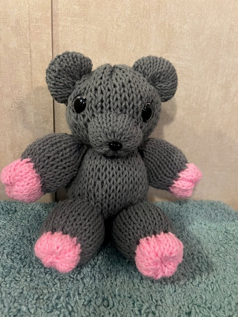 Handmade Knit Chubby Gray & Pink Teddy Bear – Soft, Sweet & Huggable! 🧸💕